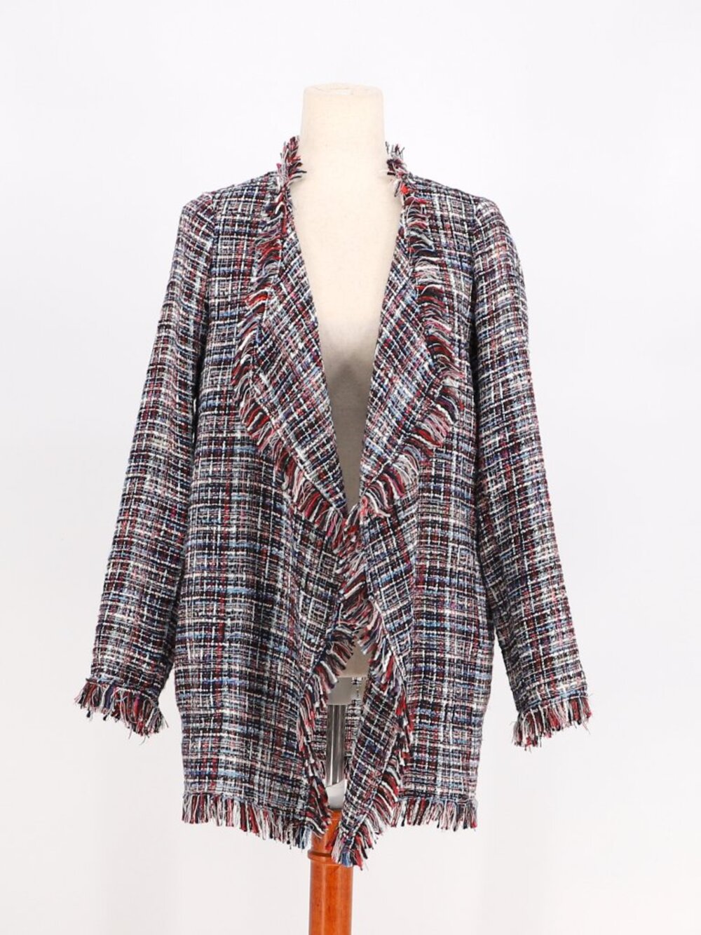 BOSTON PROPER Tweed Fray Hem Open Front Multi Color Cardigan Jacket Size S